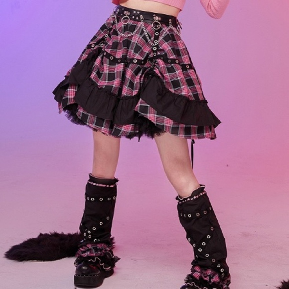 Plaid Pink and Black Ruffle Skirt - LOLITA PUNK GYARU SKIRT